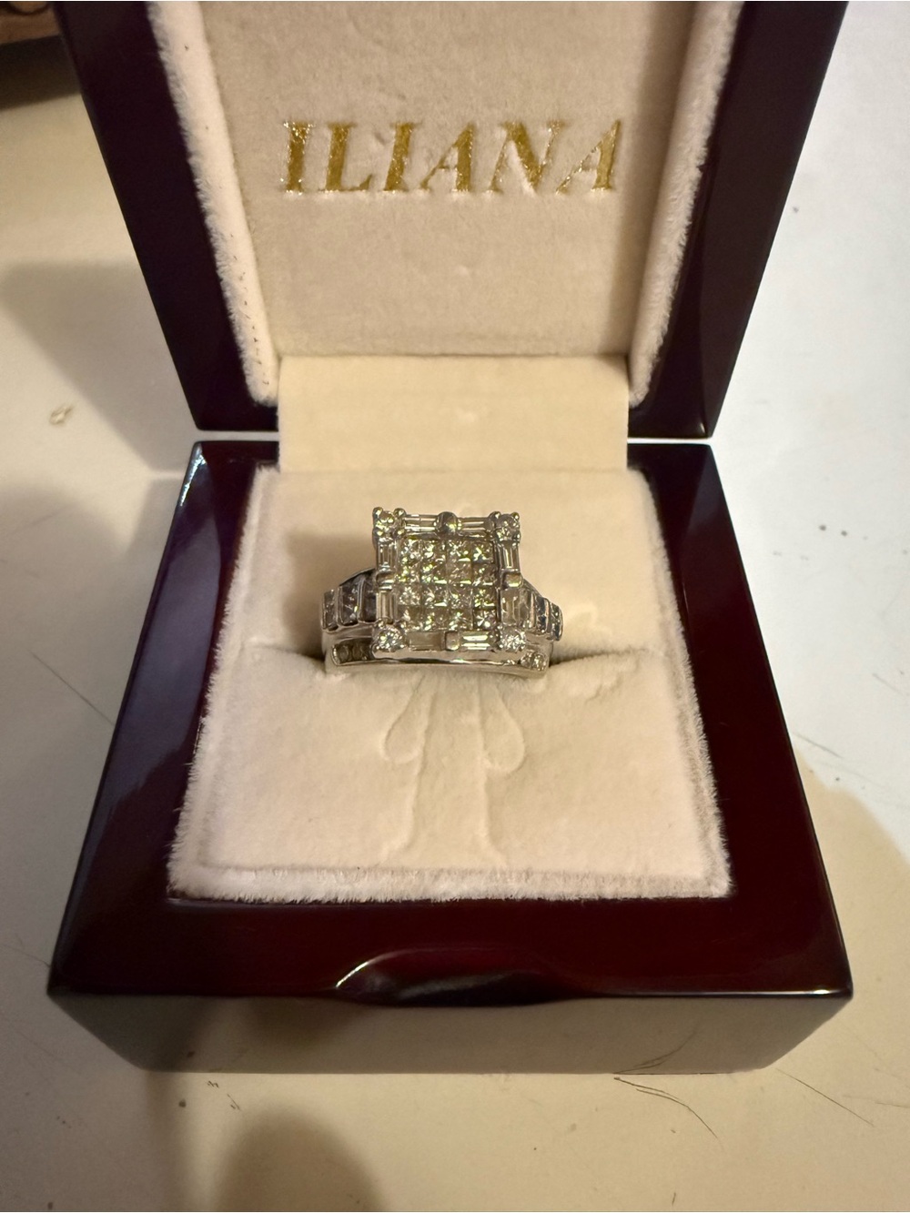 14k White Gold Ring Diamond Cluster With Baguettes Emerald Cut - White - Picture 4 of 10